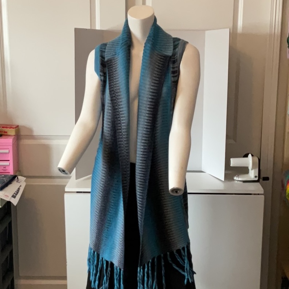 Baciano Brand Blue Gradient Sleeveless Cardigan with Fringe - Picture 1 of 7